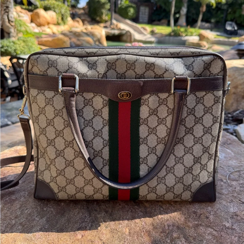Vintage GUCCI web monogram laptop / tote / briefcase travel crossbody bag purse